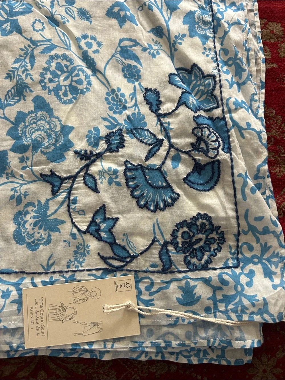 JOIE long 100% cotton Blue & White Floral Embroidered Scarf 40” X 72” , NWT